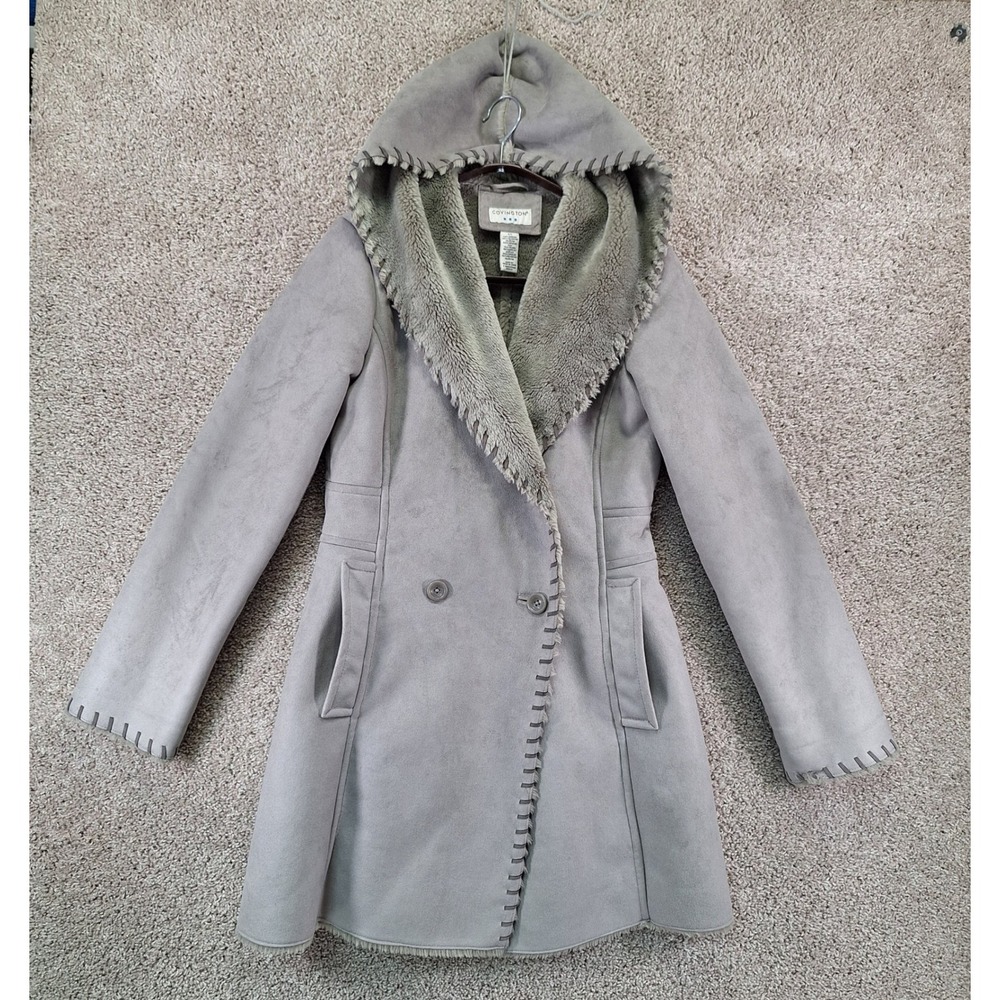 Covington Coat Women S Gray Faux Suede Shearling Trim Hooded Jacket Winter Warm